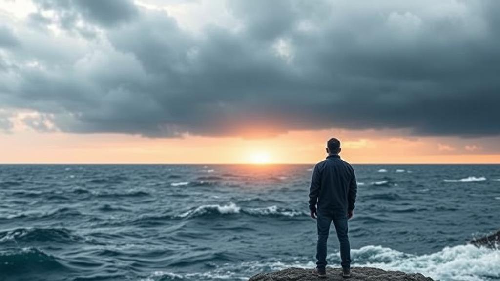 A calming image of a lone investor calmly looking towards a distant, bright horizon, while in the foreground, stormy seas and dark clouds represent short-term market volatility. This image symbolizes the importance of maintaining a long-term investment focus.