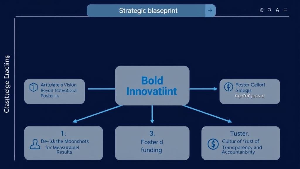 A strategic blueprint on a digital interface. The central theme is 'Bold Innovation,' which branches into three distinct, clearly labeled pathways: 1. 'Articulate a Vision Beyond the Motivational Poster,' 2. 'De-Risk the Moonshots for Measurable Results,' and 3. 'Foster a Culture of Transparency and Accountability.' Each pathway is illustrated with icons representing data, phased funding, and trust.