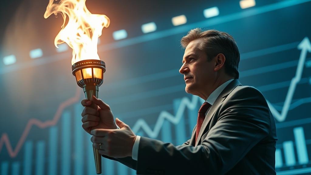 A dynamic, cinematic shot of a new CEO taking the helm of a futuristic, high-tech company. The passing of a digital torch from one leader to another, symbolizing a pivotal shift from a slow, incremental past towards bold corporate innovation and long-term shareholder value. The background shows charts indicating a sharp turn towards growth.