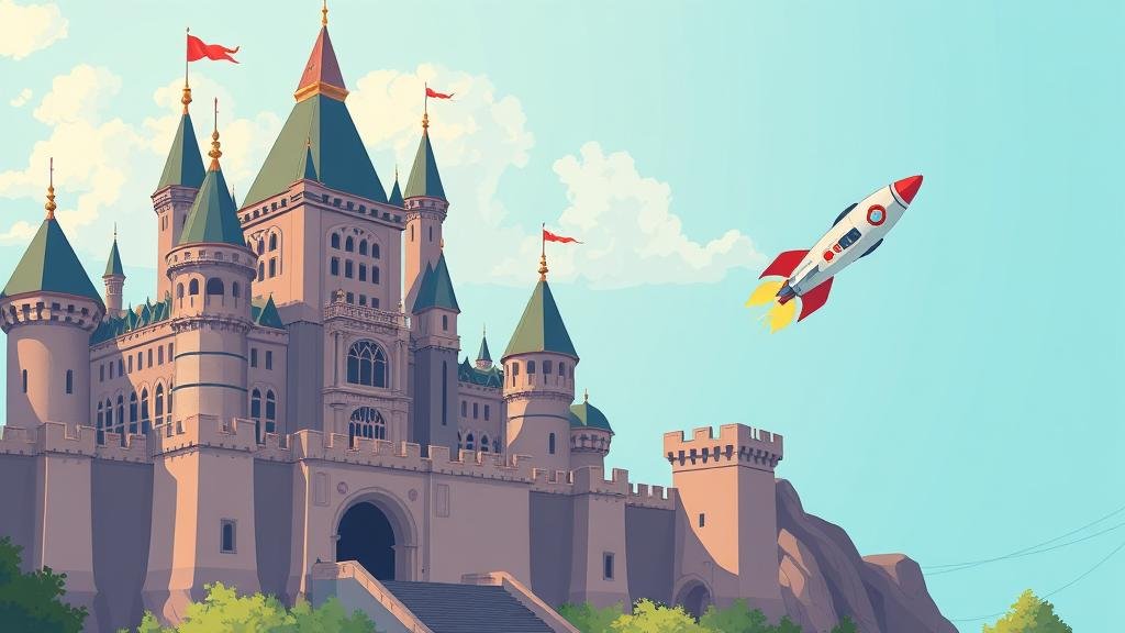 An illustration depicting the innovator's dilemma, where a giant, elaborate castle representing an established tech company is focused on polishing its ramparts, while a small, futuristic rocket ship, symbolizing disruptive innovation, is taking off unnoticed in the background.