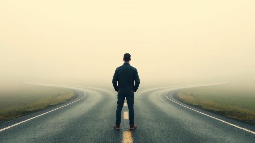 A person standing at the start of a foggy, uncertain road that splits into multiple paths, representing the unpredictable future of the economy.