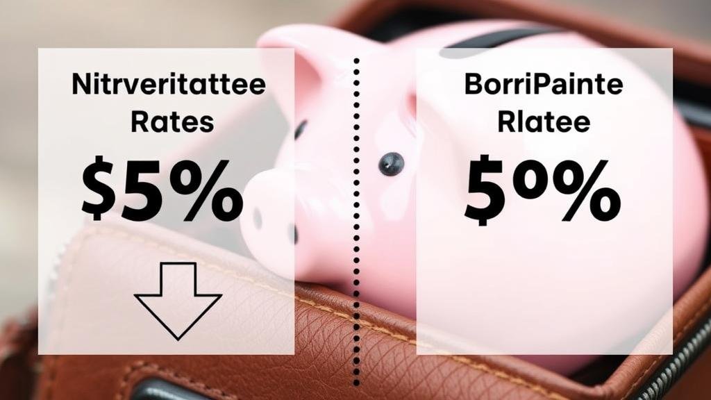 A close-up of a wallet with a piggy bank, with arrows pointing up and down to signify the fluctuating interest rates on savings and borrowing costs.