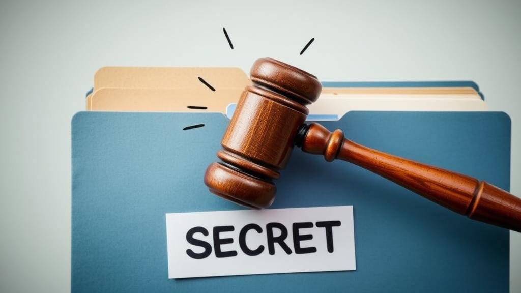 A gavel smashing a lock labeled 'SECRET' on a file folder, symbolizing the new law breaking open the secret Jeffrey Epstein case files and the end of a long wait for government transparency.