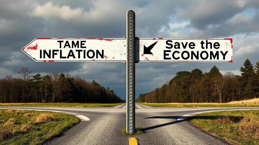 An image of a crossroads with road signs pointing in opposite directions, one labeled 'Tame Inflation' and the other 'Save the Economy,' symbolizing the conflicting data and the difficult choice the Fed faces.