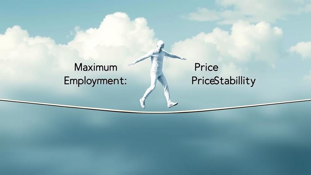 A tightrope walker balancing between 'Maximum Employment' and 'Price Stability' representing the Fed's dual mandate.
