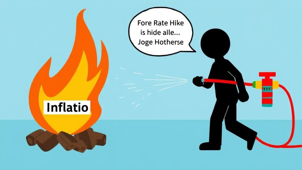 A graphic of a stubborn fire labeled 'Inflation' with the Fed considering a 'Rate Hike' fire hose.