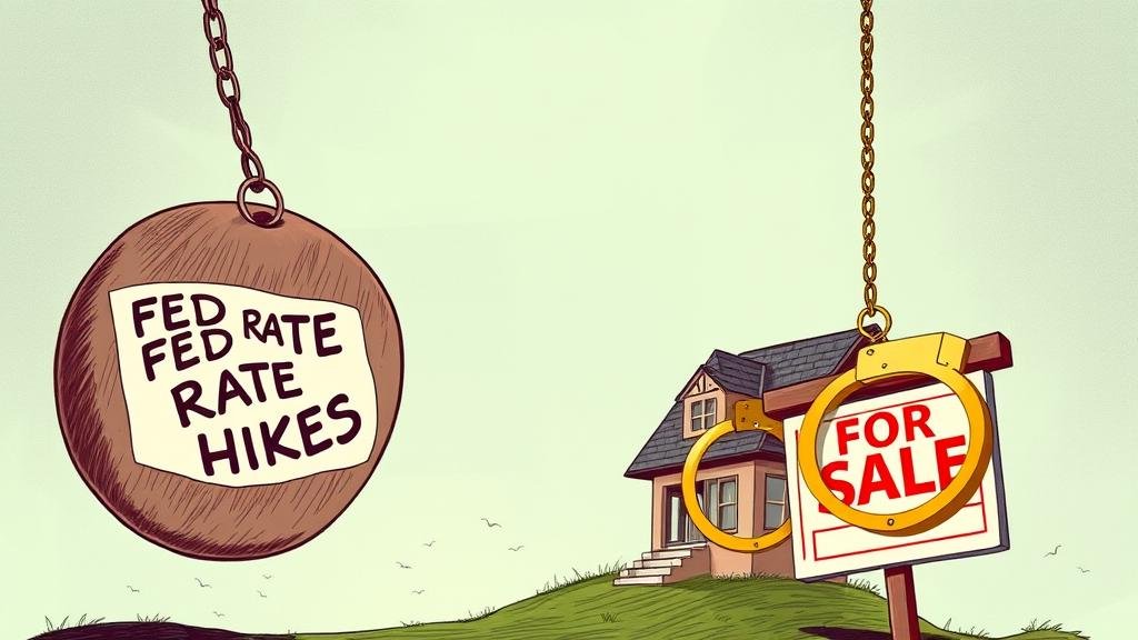 A wrecking ball labeled 'Fed Rate Hikes' swinging towards a house, but the house is suspended in the air by a giant, stubbornly high price tag. Golden handcuffs are on the 'For Sale' sign, indicating no one is selling.