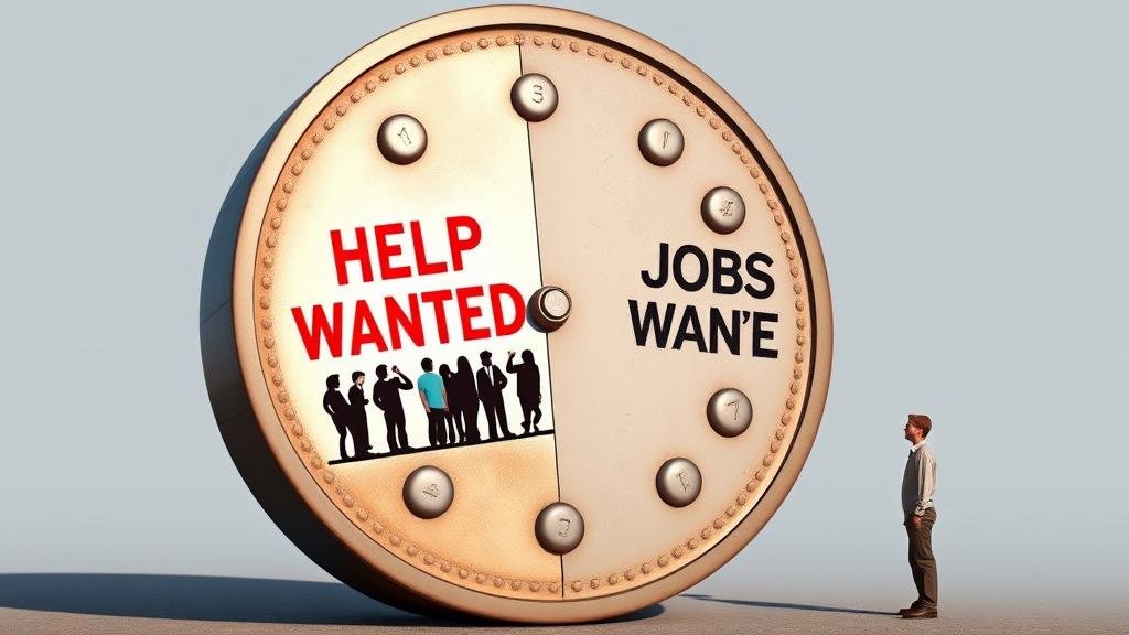 A giant, spinning two-sided coin. One side shows a vibrant 'Help Wanted' sign with a line of cheerful people. The other side shows a dusty, faded 'Help Wanted' sign with a single, hesitant person looking at it, representing the dual nature of the jobs market.
