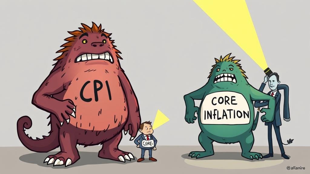 A cartoon monster with 'CPI' on its chest looking weak and tired, while a smaller, more aggressive monster labeled 'Core Inflation' stands strong, as a figure representing the Federal Reserve shines a flashlight on them.