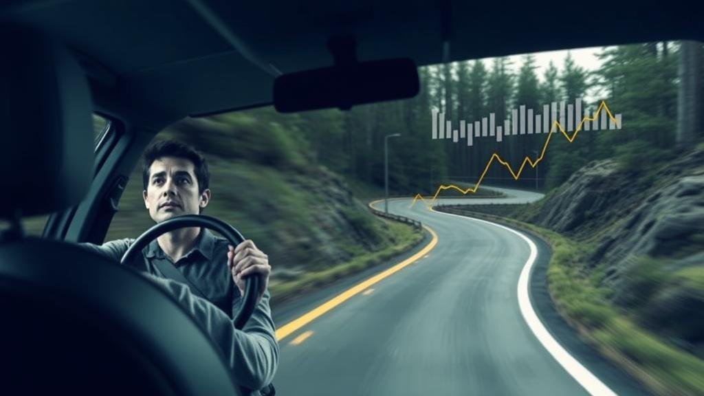 A calm and prepared driver navigating a car along a bumpy, winding road that resembles a volatile stock chart, representing a smart investor navigating market fluctuations with a long-term strategy.