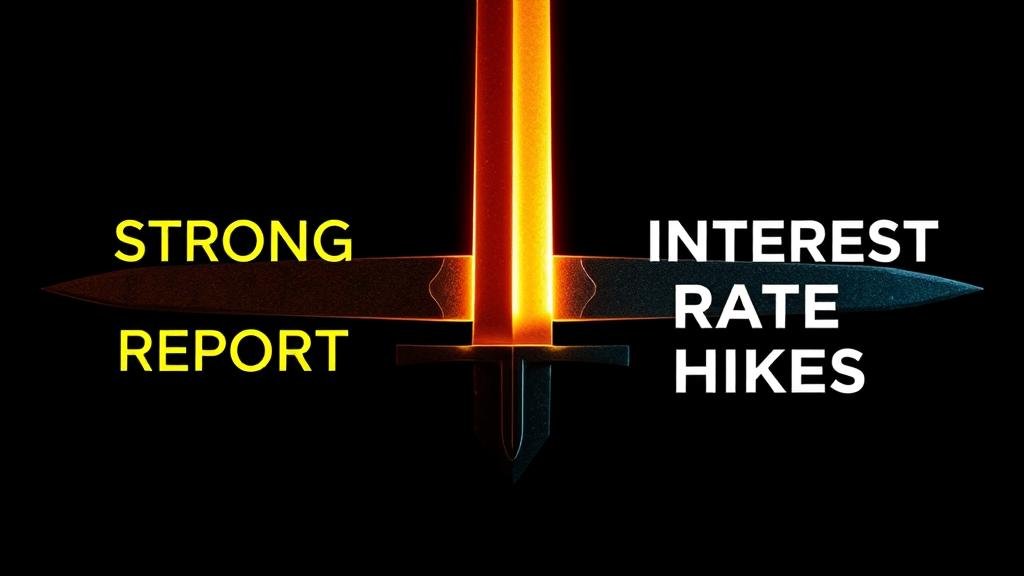 A literal double-edged sword. One edge glows and is labeled 'Strong Jobs Report,' while the other edge is dark and labeled 'Interest Rate Hikes,' showing the dual nature of economic news.