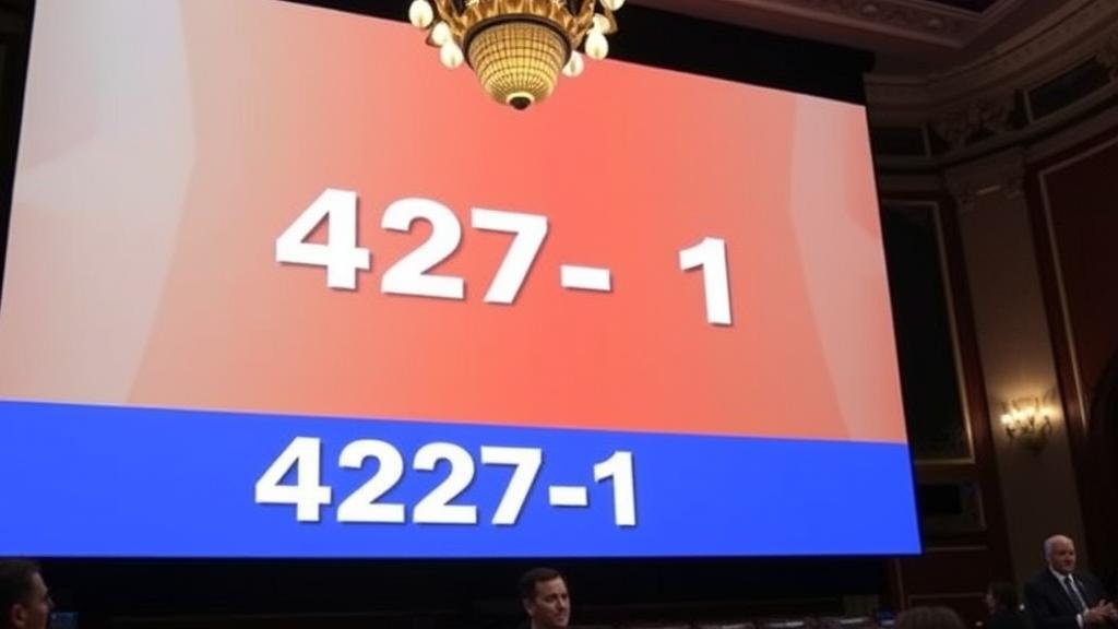 Inside the U.S. House of Representatives, a large screen displays a decisive '427-1' vote, representing the rare bipartisan unity and overwhelming public pressure that led to the passage of the law compelling the DOJ to release its Epstein investigation files.