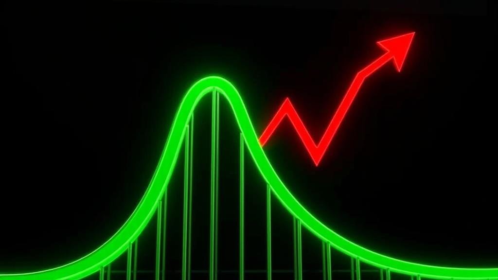 A dramatic roller coaster shaped like a stock market chart, showing a steep, bright green climb followed by a sharp, dark red drop, symbolizing market whiplash.