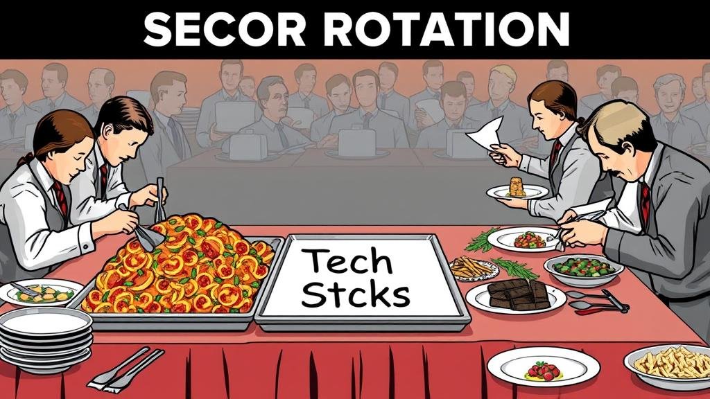 A visual metaphor of investors at a buffet turning away from a large, once-popular platter labeled 'Tech Stocks' to fill their plates with other options like 'Industrials' and 'Financials,' representing sector rotation.