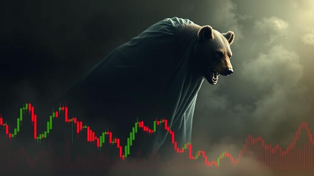 A ghostly figure of a bear market looming over a volatile stock chart, symbolizing echoes of past downturns.
