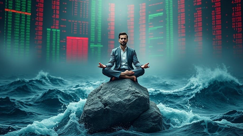 A calm, long-term investor meditating on a solid rock in the middle of a stormy sea of chaotic red and green stock tickers, representing the advice to not panic during volatility.