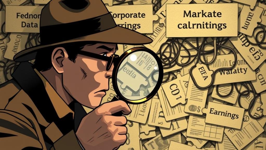 A detective with a magnifying glass trying to solve the puzzle of market volatility, looking at a wall of tangled clues labeled 'Fed's Messages,' 'Economic Data,' and 'Corporate Earnings.'