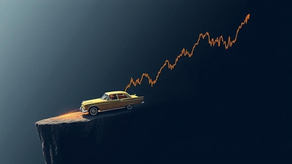 A stock chart graph line in the shape of a classic car driving straight off a cliff, directly visualizing the blog's 'Thelma & Louise' metaphor for a sudden market reversal.