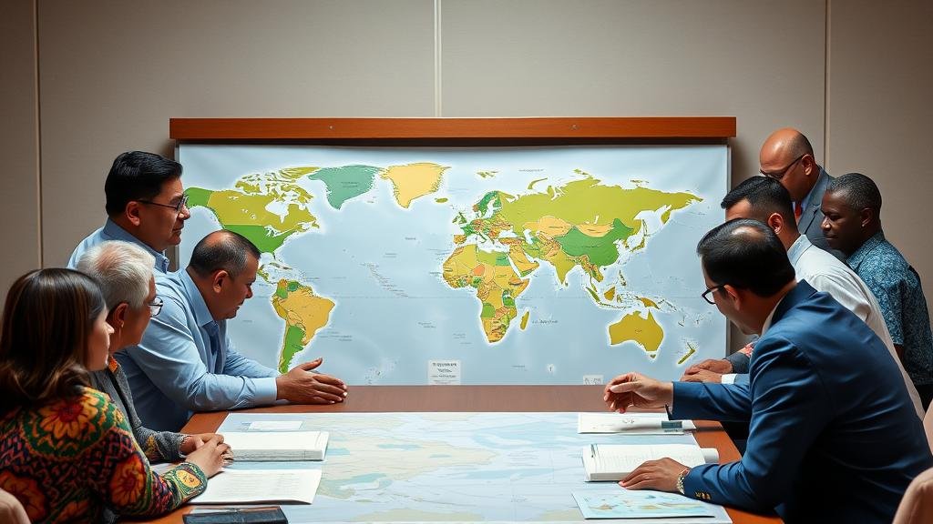 Diverse world leaders, with Pacific Island nations at the forefront, collaboratively charting a sustainable future.