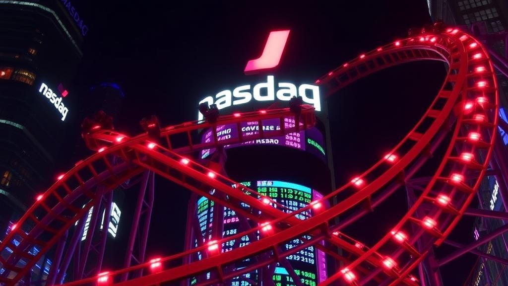 A rollercoaster representing the Nasdaq's volatile trading day, symbolizing the market's mood swings and uncertainty.