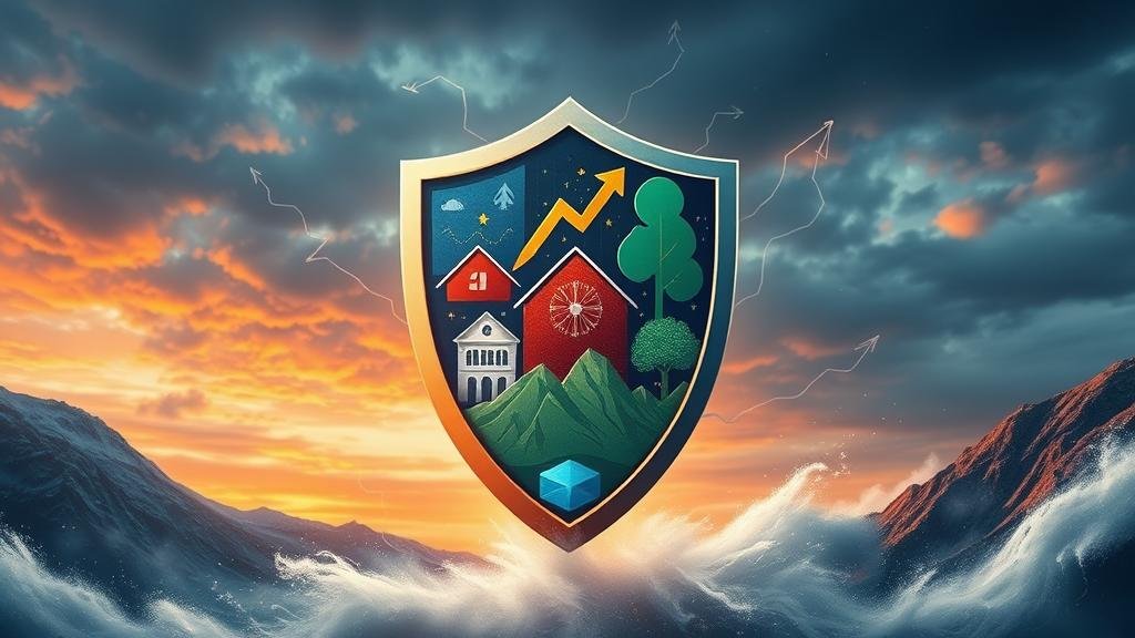 A diverse portfolio visualized as a shield, protecting an investor from the storms of market volatility.