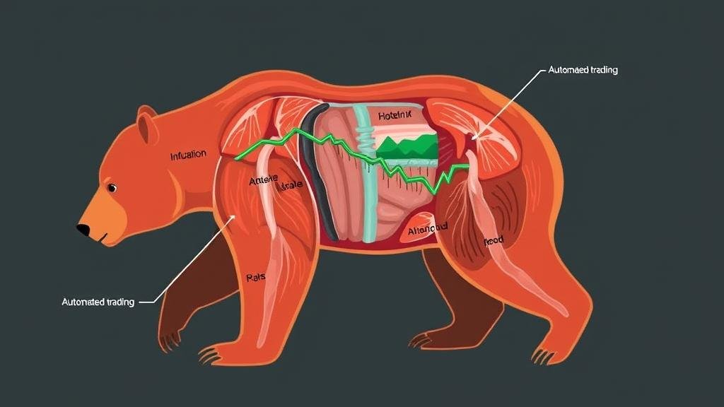 An anatomical illustration of a bear market, highlighting inflation and automated trading as the causes for the downturn.