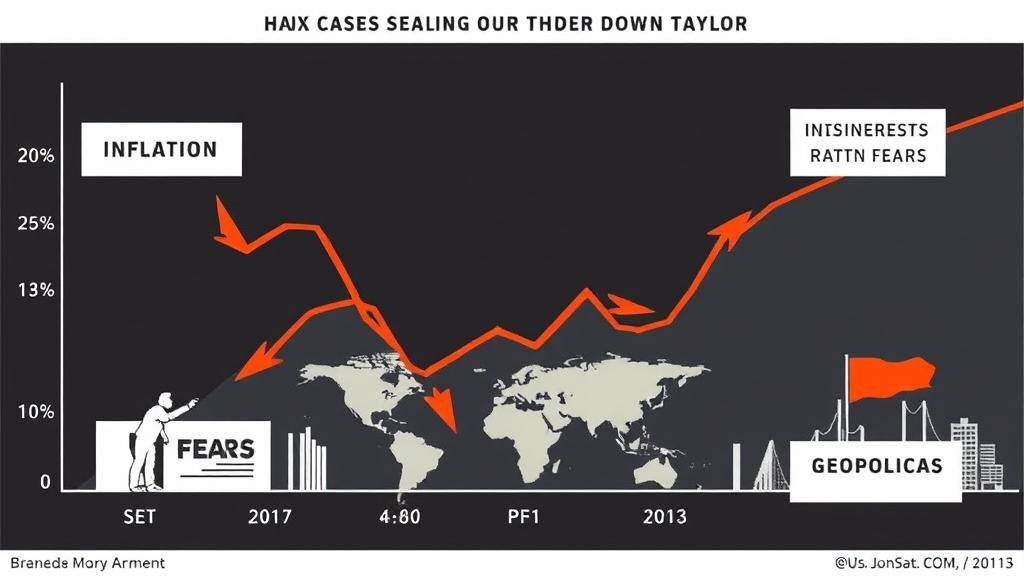 An illustration of the primary factors causing the market's downturn: inflation, interest rate fears, and geopolitical tensions.