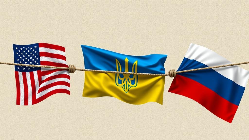 A geopolitical tug-of-war with a Ukrainian flag in the center, being pulled by the US and Russian flags.