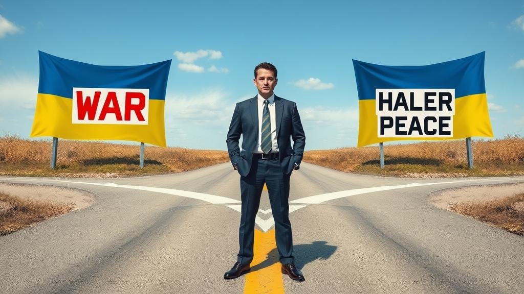 Ukrainian President Zelenskyy standing at a crossroads, illustrating the difficult choice between war and a potentially humiliating peace.
