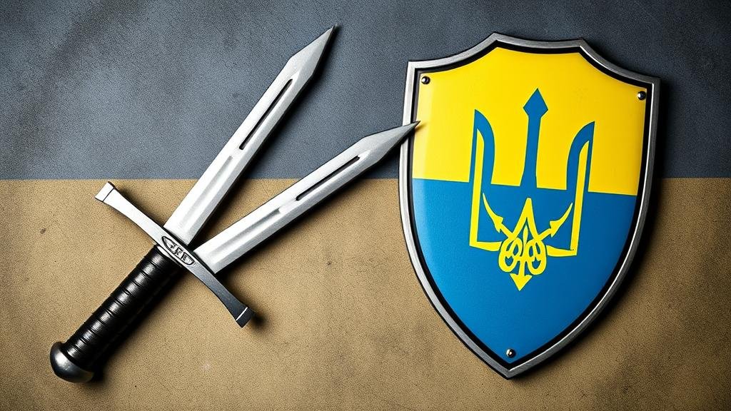A broken sword and shield with the Ukrainian flag, representing the proposed military reduction.