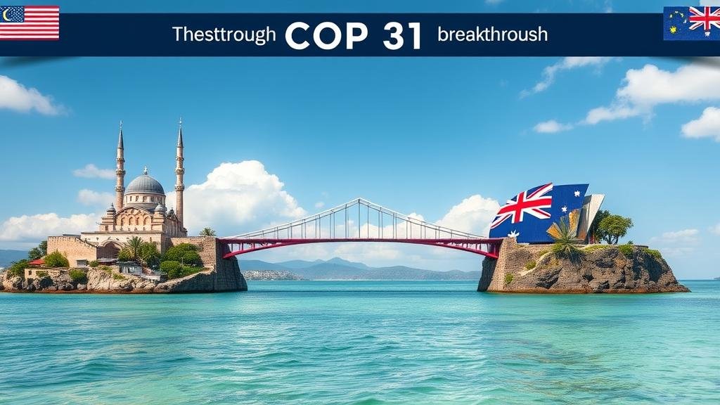 A bridge being built between Turkish and Australian/Pacific shores under a 'COP31' banner, representing the breakthrough deal.
