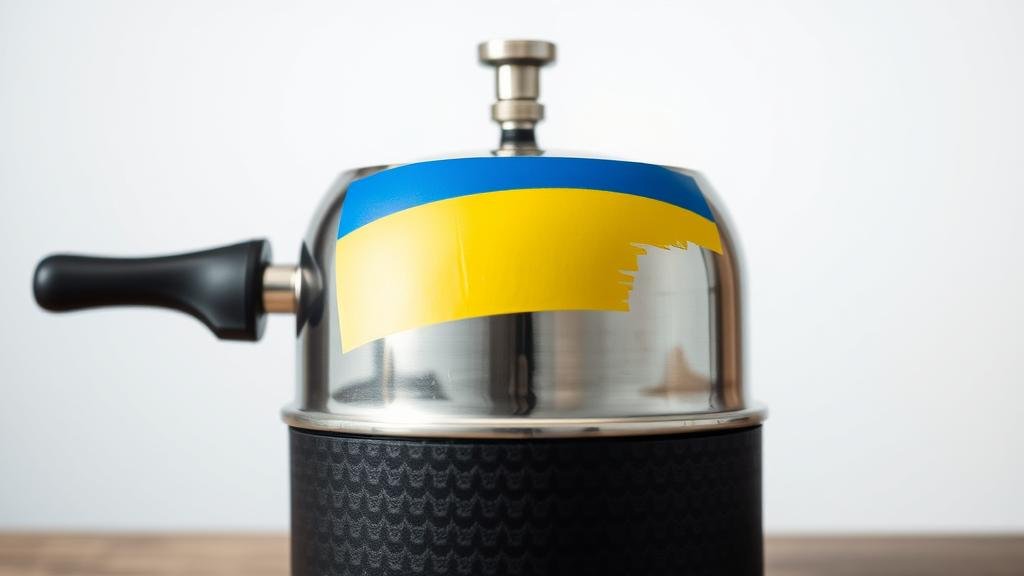 A pressure cooker with a Ukrainian flag on it, symbolizing the intense pressure for a quick peace deal.