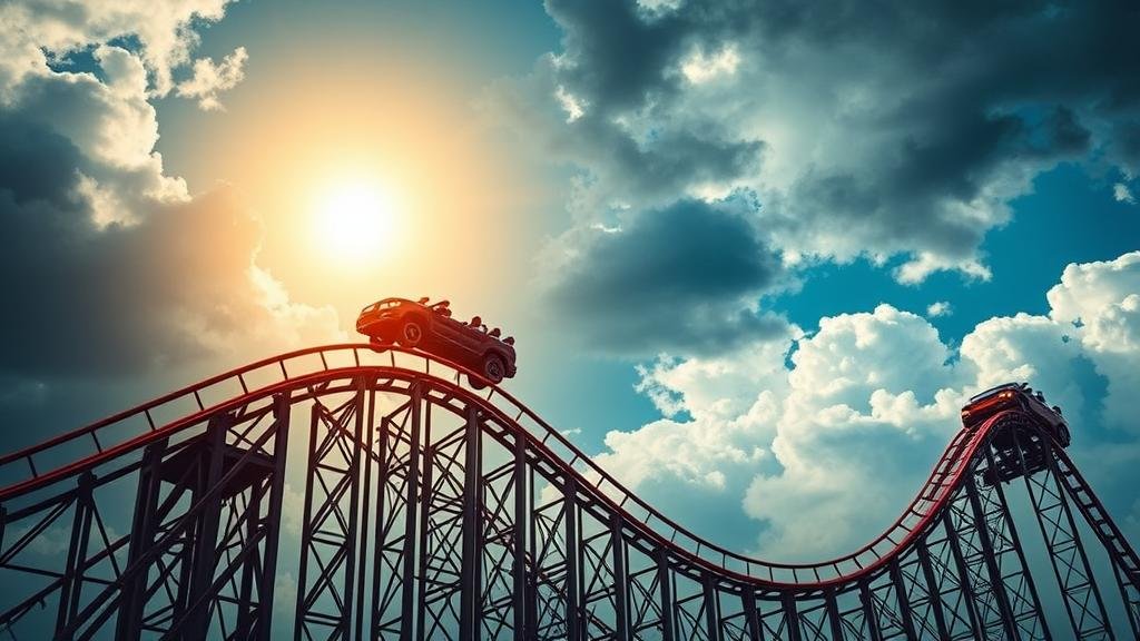 A thrilling, stomach-lurching rollercoaster in the shape of a stock market chart, with one car at the peak of a huge climb and another car plummeting down a steep drop. The sky is split, half sunny and optimistic, half dark and stormy, to represent the market's mood swing.