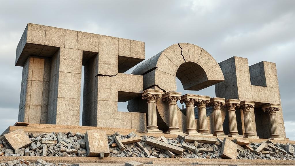 A giant, stone statue of the word 'TECH' that is cracking and beginning to crumble. As it falls, it's pulling down a series of smaller columns that represent the rest of the stock market index, creating a domino effect of destruction.