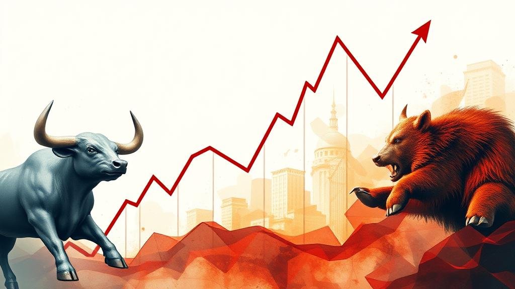 An abstract image representing market volatility, with a rollercoaster-like line graph surging up and then dropping dramatically, with Wall Street bull and bear symbols in the background.