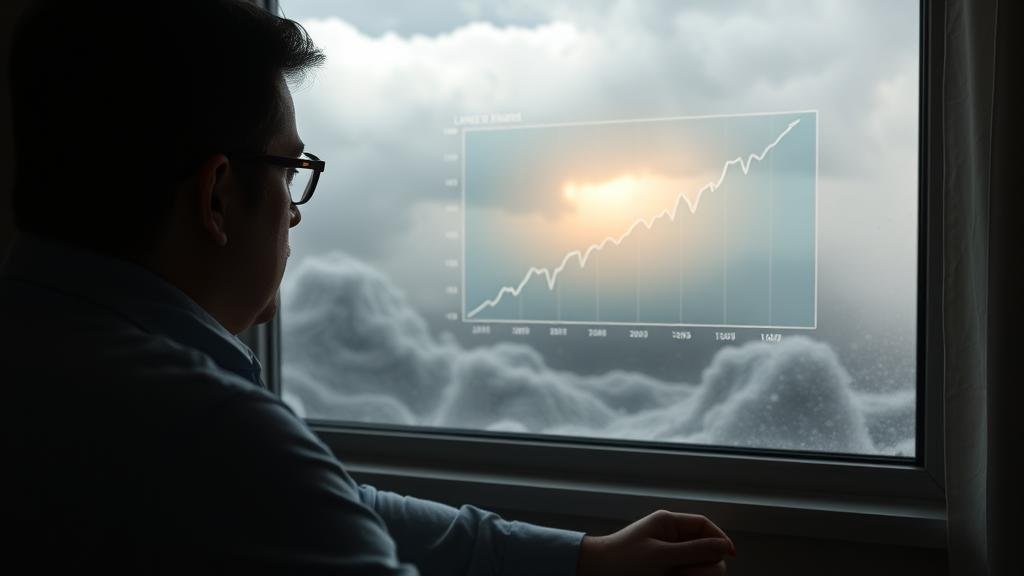 A calm investor looking at a steady, long-term investment chart on a screen while a storm rages outside, symbolizing focus despite short-term market turbulence.