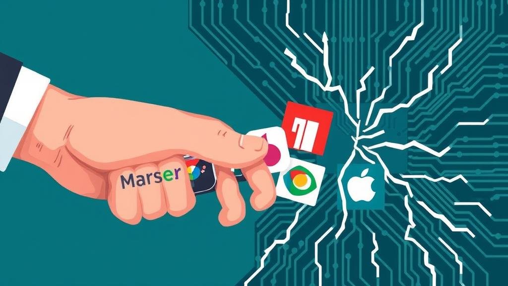 An illustration of tech stocks being squeezed, symbolized by a hand crushing glowing tech company logos against a dark, cracking circuit board background.