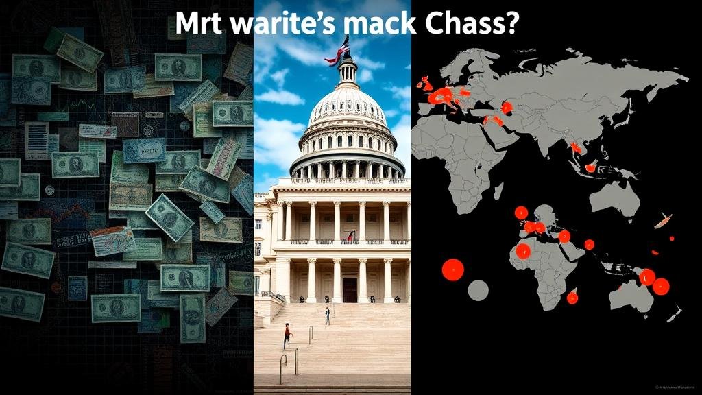 A composite image showing causes of market chaos, including confusing economic charts, a government building, and a world map with geopolitical tension hotspots.