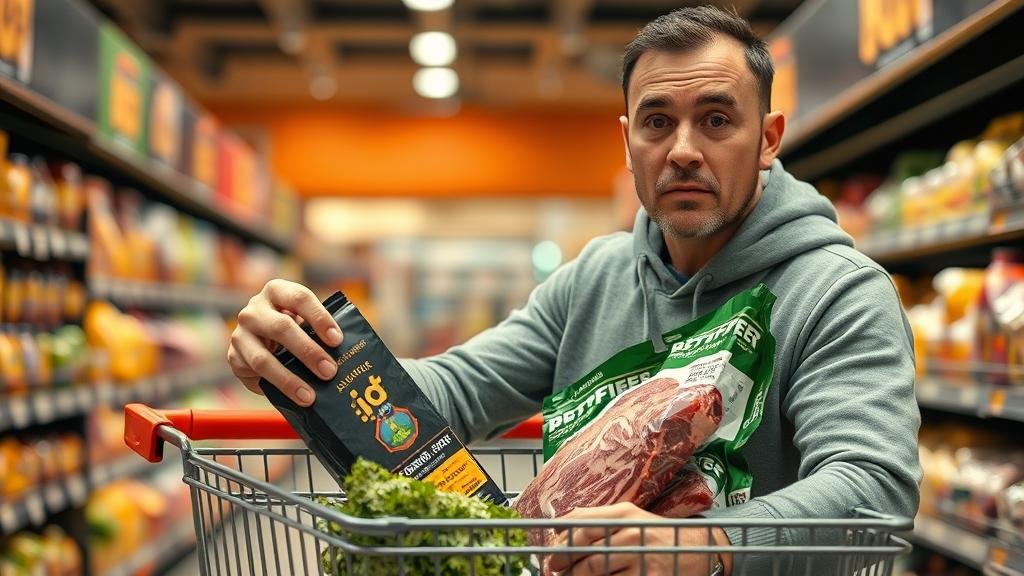 A person at a grocery store looking worriedly at a package of steak in one hand and their wallet in the other, with a backdrop of rising price charts. Filename: steak-or-wallet.jpg