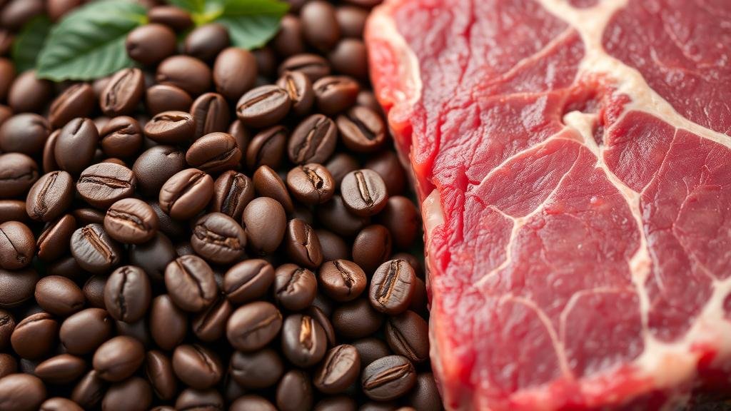 A close-up image of high-quality coffee beans and a cut of beef, representing the key goods mentioned in the trade negotiations.