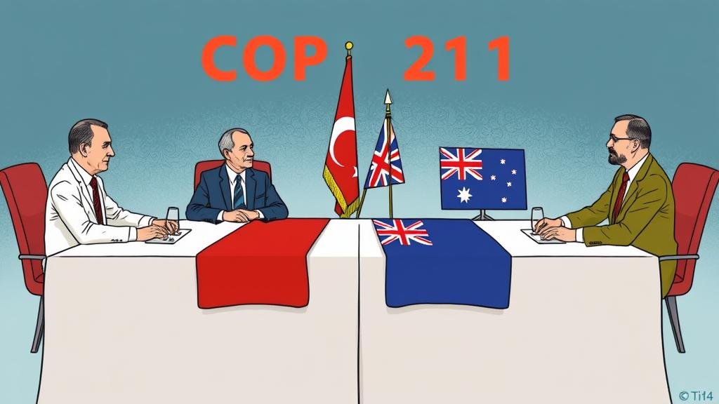 An illustration of a split table with Turkish diplomats on one side and Australian and Pacific Island nation representatives on the other, symbolizing the COP31 deadlock.