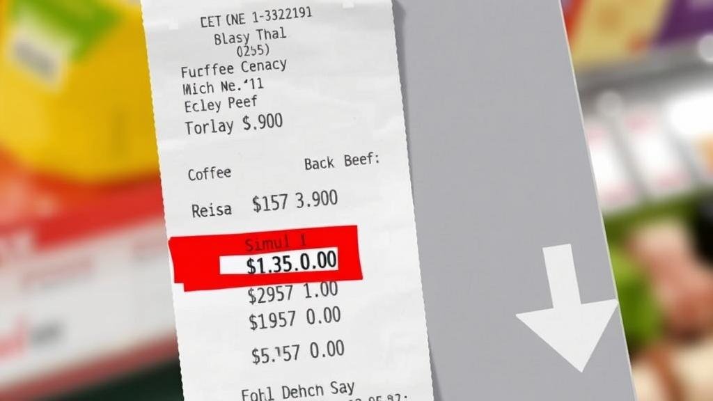 A grocery receipt with the prices for coffee and beef highlighted and a downward arrow next to them, symbolizing the potential decrease in cost for consumers.