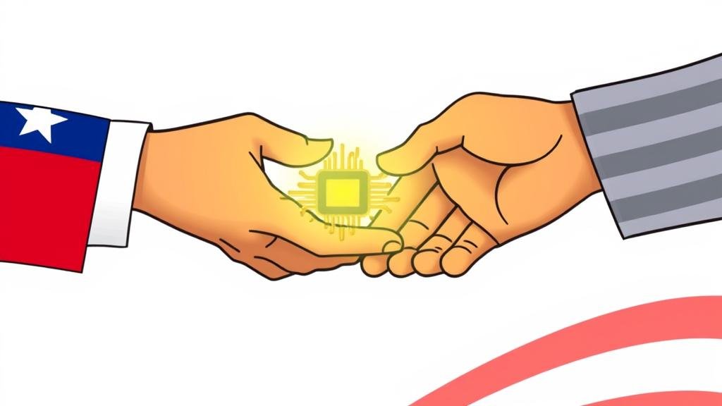 A stylized image of a Taiwanese and an American hand exchanging a glowing microchip, symbolizing the sharing of the secret sauce of economic success.