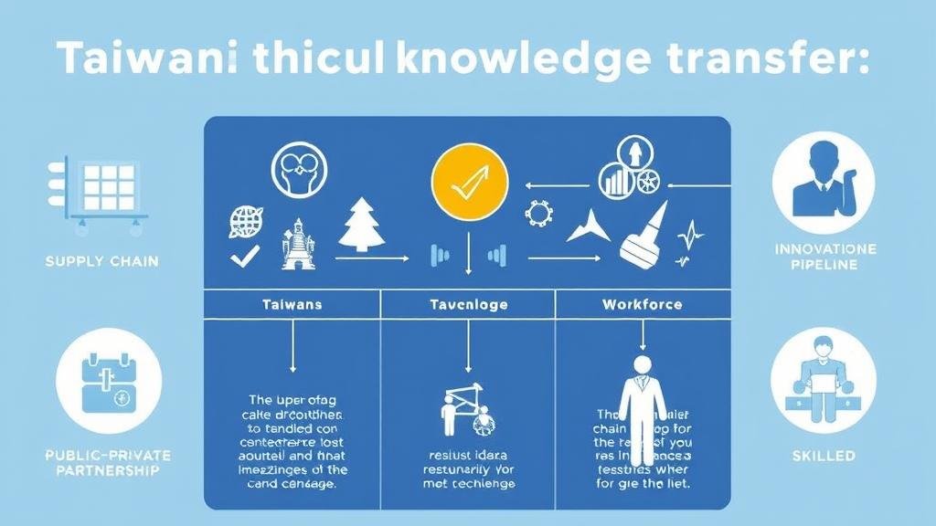An infographic-style image illustrating the key pillars of Taiwan's economic knowledge transfer: supply chain resilience, public-private partnership, innovation pipeline, and a skilled workforce.