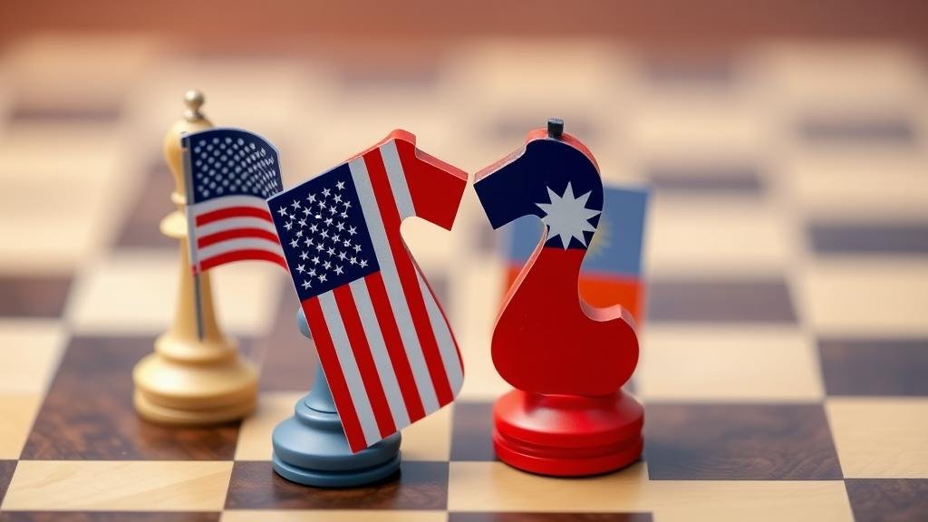 A symbolic image of a chessboard, with pieces representing the US and Taiwan in a strategic alliance, illustrating the geopolitical significance of the trade deal in the Indo-Pacific region.