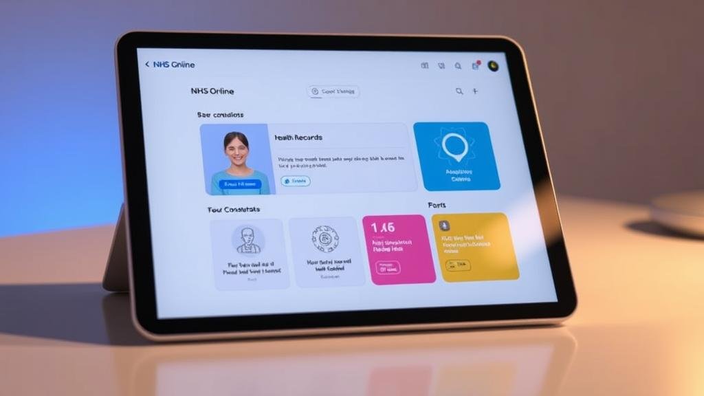 A futuristic, clean interface of the NHS Online platform on a tablet. The screen shows a user-friendly dashboard with options for booking video consultations, accessing personal health records, and an AI-powered symptom checker, representing the modernization of healthcare.
