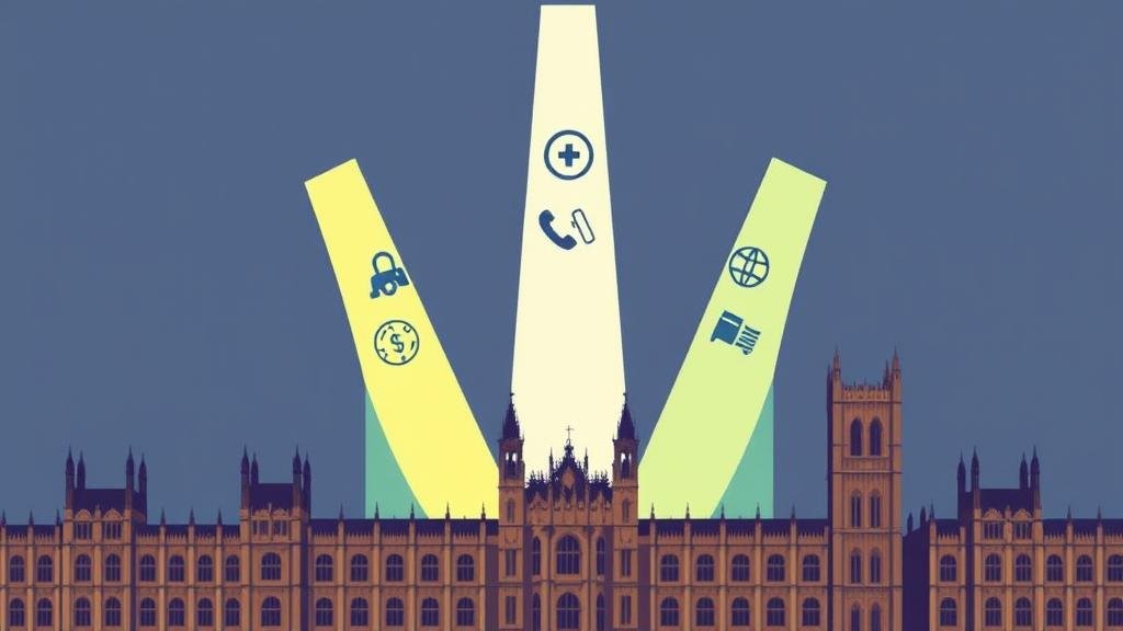 A stylized image of the UK Parliament building with three bright, distinct beams of light shining upwards. Each beam is a different color and subtly incorporates icons representing healthcare, international trade, and national security, symbolizing the new Prime Minister's ambitious three-pronged agenda.
