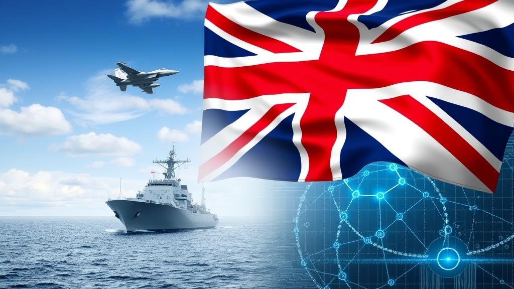 A powerful and stoic image of the Union Jack flag waving proudly. In the background, a montage of modern UK military assets—a naval ship on the sea, a jet in the sky, and a digital grid representing cyber defense—symbolizes a strengthened national security strategy and a commitment to global stability.