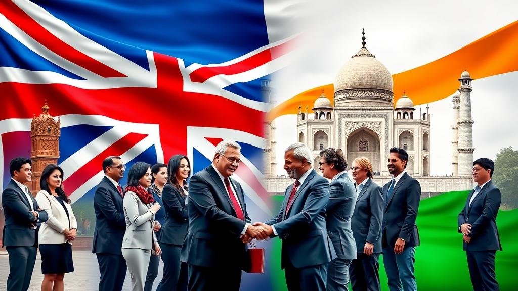 A dynamic and symbolic image of the UK and Indian flags intertwining. In the foreground, a diverse group of business leaders and politicians from both nations are shaking hands, with iconic landmarks like the London Tower Bridge and the Taj Mahal in the background, signifying a strong new trade partnership.