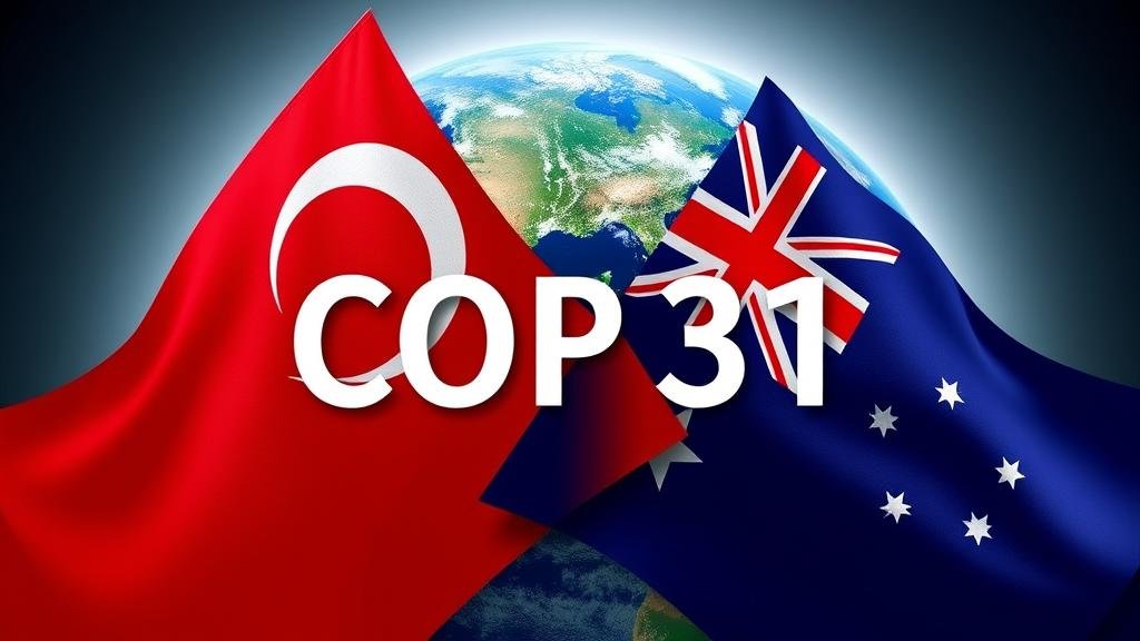 Turkish and Australian flags intertwined with Earth in the background, symbolizing joint leadership for COP31.